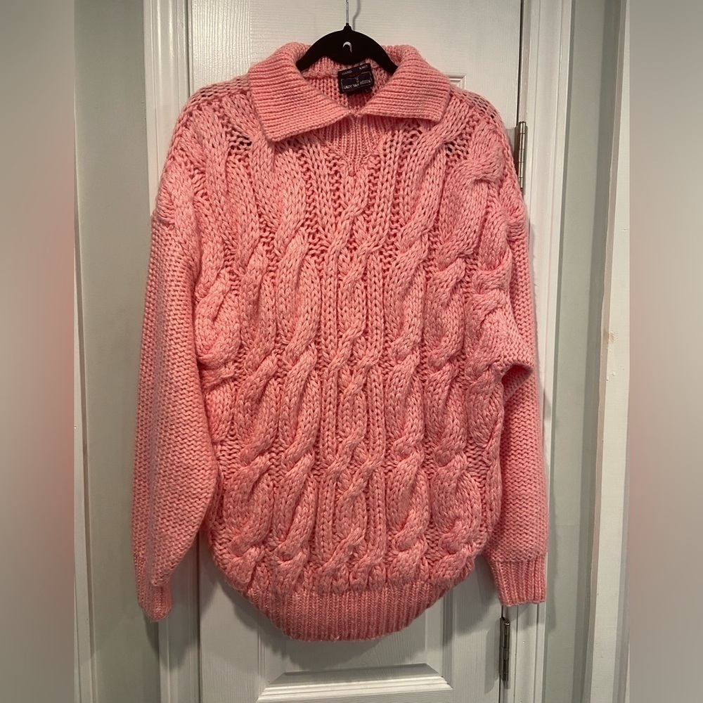 Lady Van Heusen Size L Chunky Bubblegum Pink Hand Knit Cable Collared Sweater